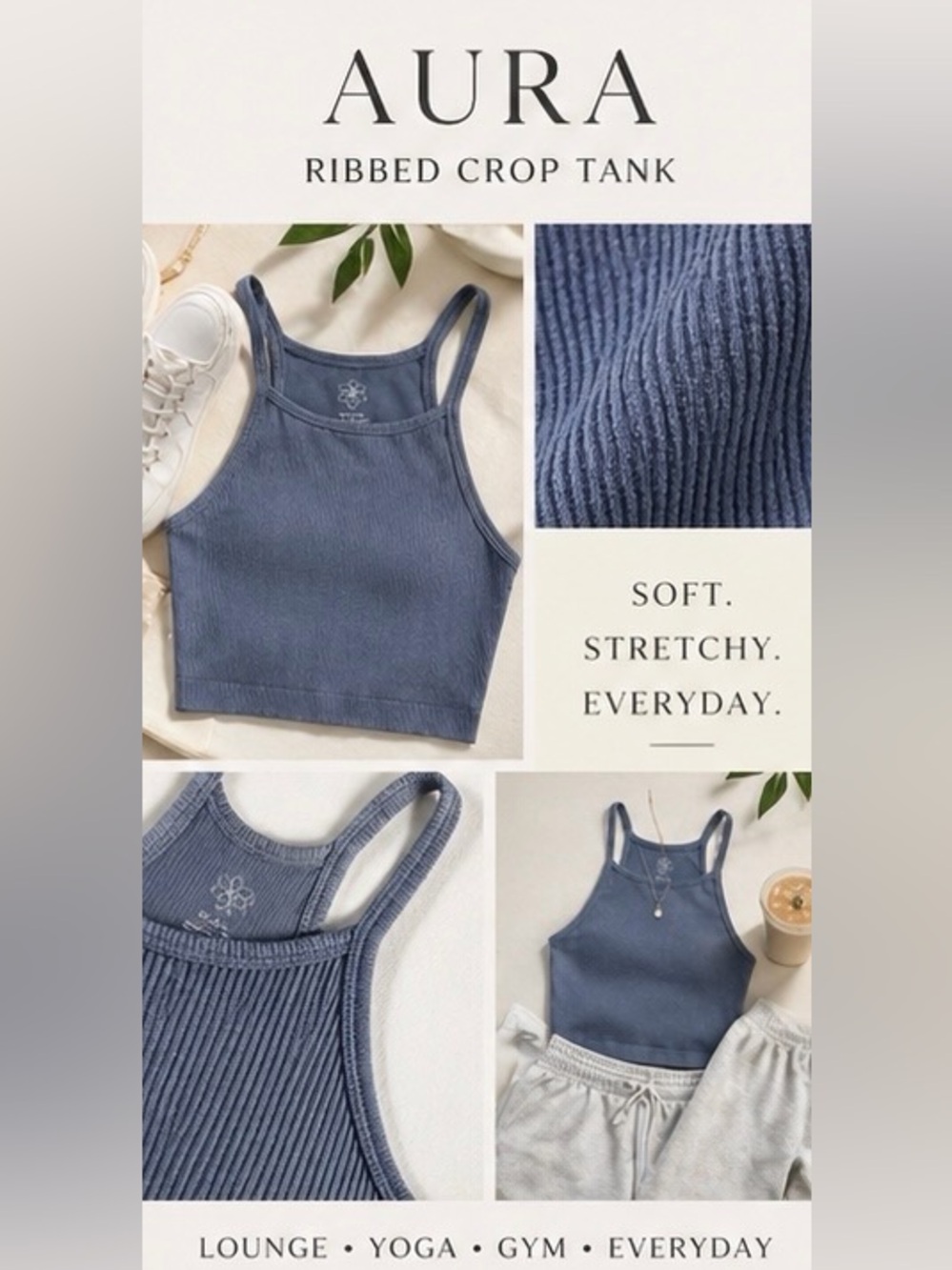 AURA Ribbed Cropped Tank Top Blue Athletic Yoga Bra Camisole Stretch Soft Comfy